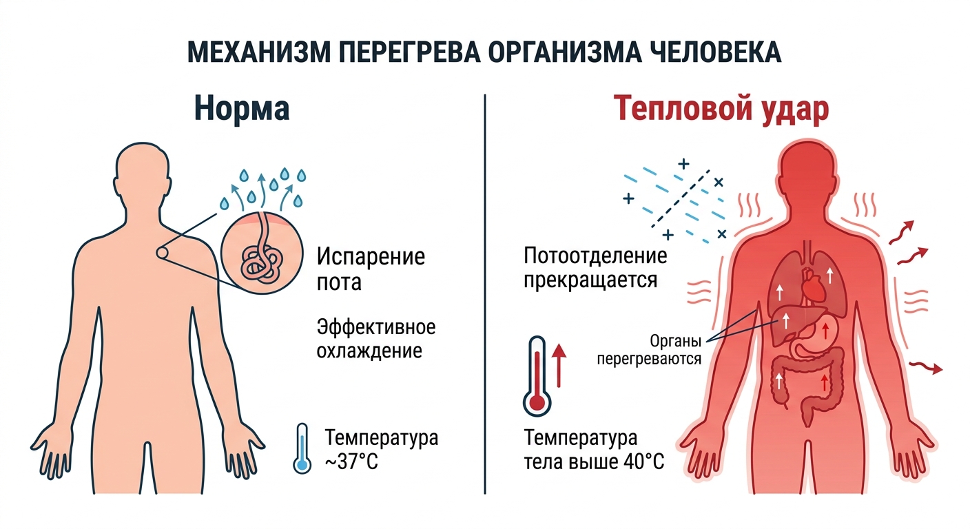 Схема механизма теплового удара - как организм перестает охлаждаться при перегреве